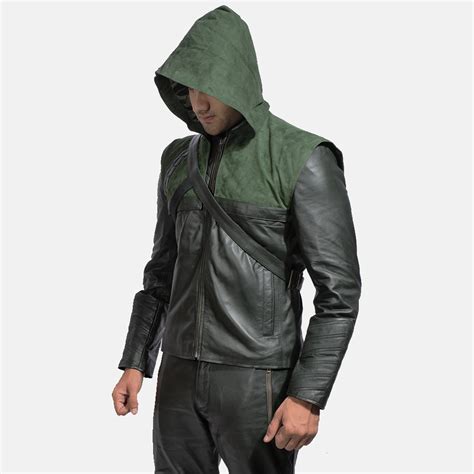 mens green hooded leather jacket