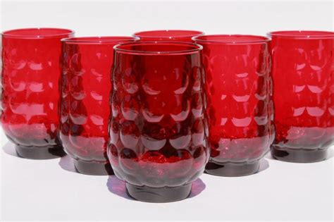Bubble Pattern Vintage Ruby Red Anchor Hocking Glass Tumblers Set Of 6