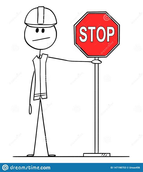 Vector Cartoon Of Construction Worker Holding Red Stop