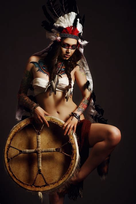 Beautiful Woman In Native American Costume With Roach On H