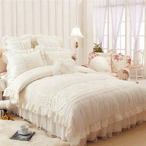 Lace Ruffles Princess Bedding Set Luxury 4pcs Beige Jacquard Satin Silk