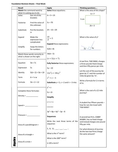 gcse maths foundation revision sheets teaching resources