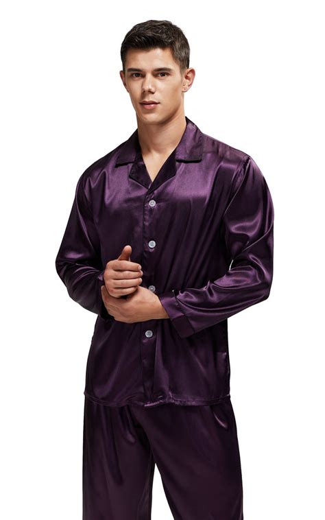 mens silk satin pajama set long sleeve dark purple  black piping tony candice