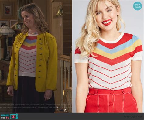 Wornontv Kimmy’s White Stripe Sweater And Yellow Jacket On Fuller