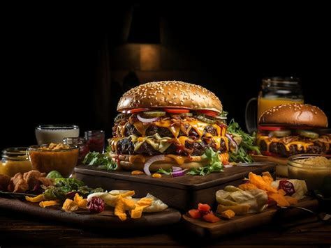 premium ai image juicy burger  wooden board  blurred background