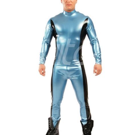 suitop high quality men s male s rubber latex catsuit in metallic blue
