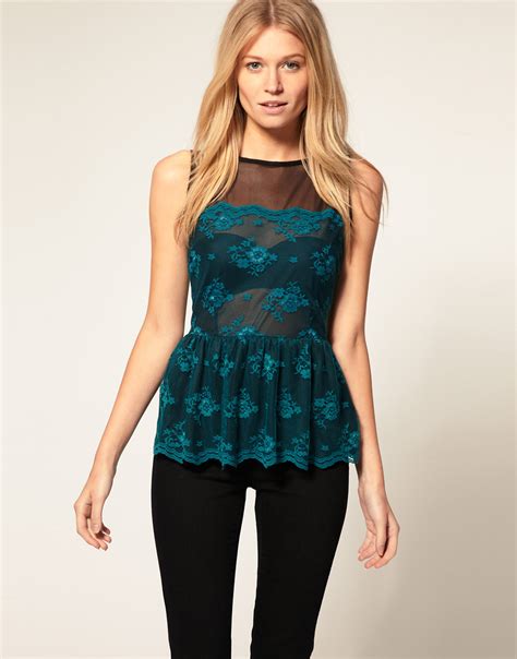 asos collection asos lace panel baby doll top  green lyst