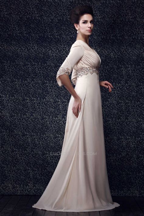 A Line V Neck Beaded Long Chiffon Mother Of The Bride