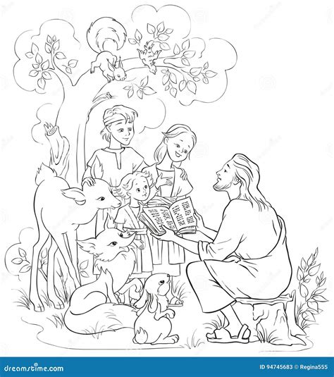 jesus reading  bible  children  animals coloring page cartoon