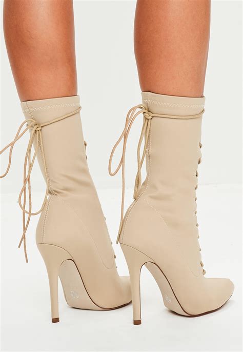missguided nude corset lace up pointed boots in black lyst