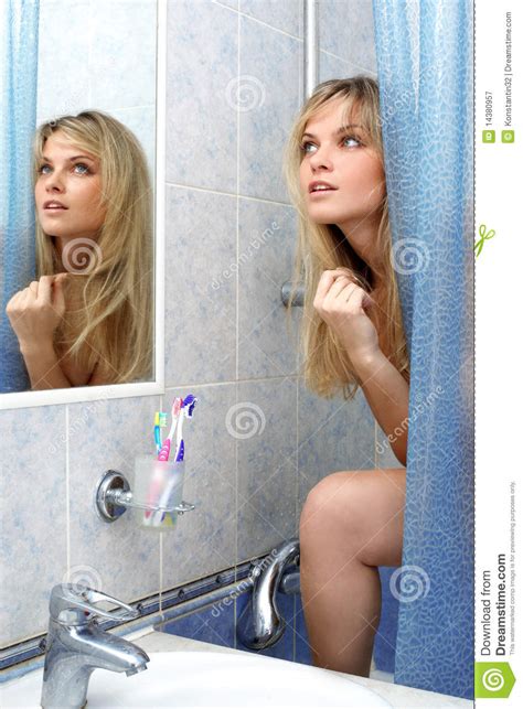 woman in bathroom stock image image of skincare douche