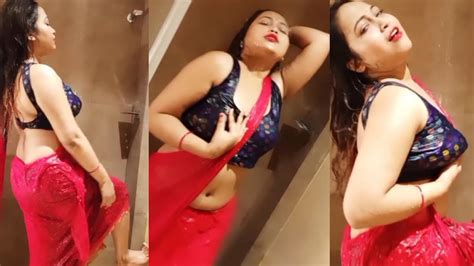 Sexy Aunty Wet Red Saree Shower Wet Blouse Hot Seductive Dance Navel