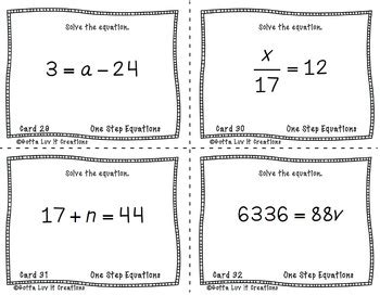 solving equations  step equations  negatives  task cards tpt