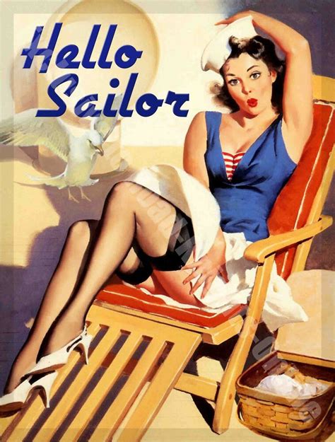 hello sailor glamorous sexy pin up girl ship yacht sailing small metal tin sign ebay