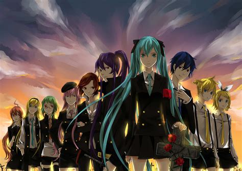 blue eyes blue hair brown hair cross flowers glasses green hair group gumi hatsune miku kagamine