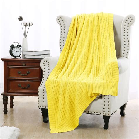 cotton knitted throw blanket soft warm cable knit blanket yellow