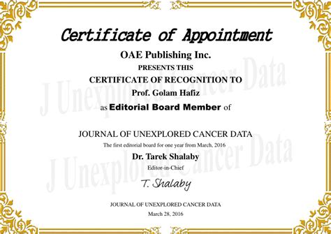 certificate  appointment  editorial board member