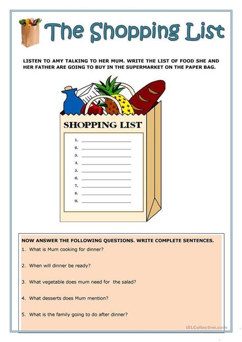 shopping list reading worksheet  esl printable worksheets