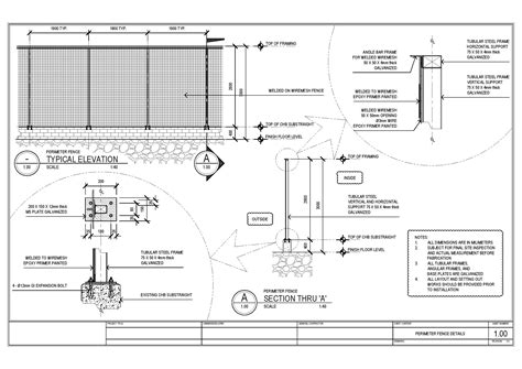 metal perimeter fence sections plan  installation details dwg file