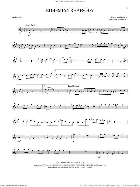 Queen Bohemian Rhapsody Sheet Music For Alto Saxophone Solo