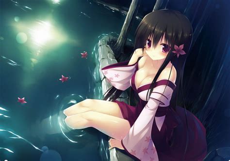 ani black hair breasts cleavage japanese clothes kotone leaves long