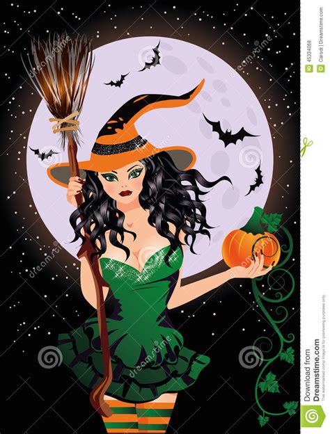 Happy Halloween Sexy Night Witch With Pumpkin Stock