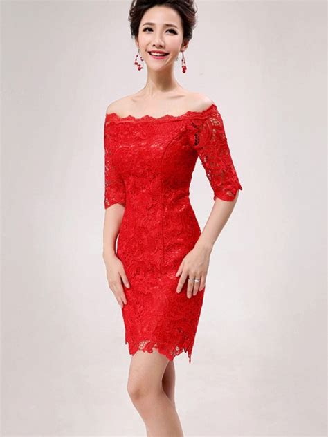 Red Lace Off Shoulder Short Cheongsam Qipao Chinese Wedding Dress