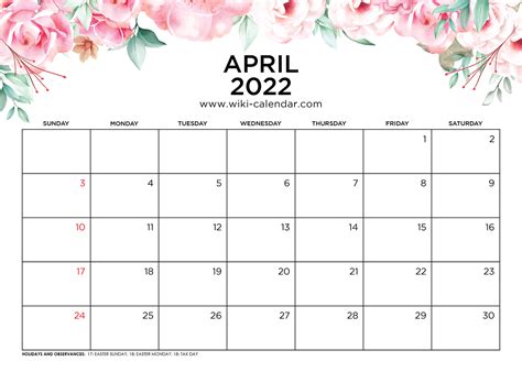 printable april  calendars wiki calendar