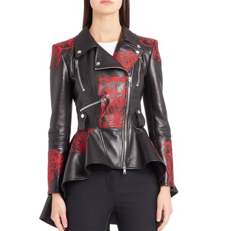 embroidered leather biker jacket  women