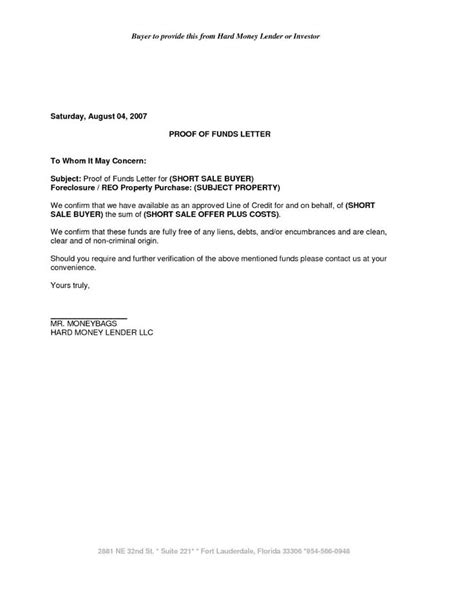 proof  funds letter  bank template cover letters