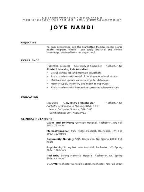 nursing student sample resume