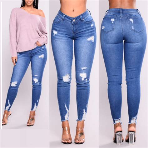 high waist jeans  women slim stretch holes denim jean bodycon skinny