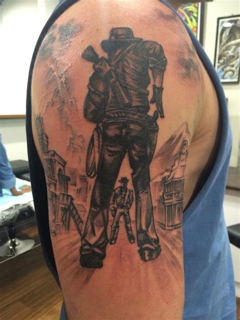 black  grey realism tattoo   western gunfight