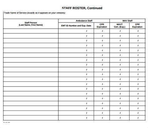 sample staff roster templates   ms word excel