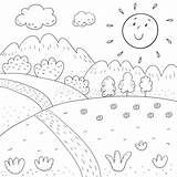 Meadow Coloring Sunny Book Mountains Trees Kids sketch template