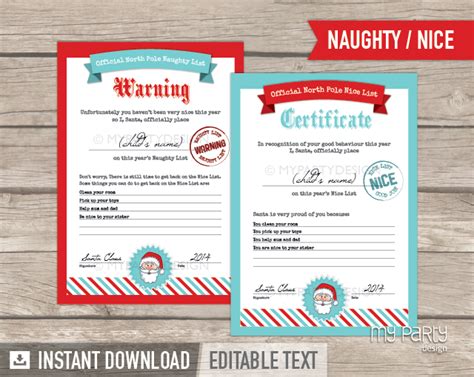 printable naughty  nice list certificates  party design