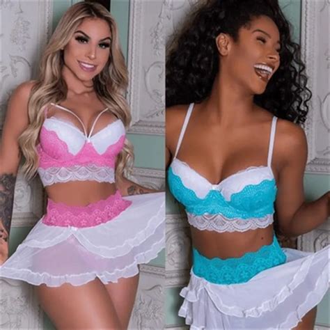 new women lace crop tops ruffles skirts g string sets sexy lingerie