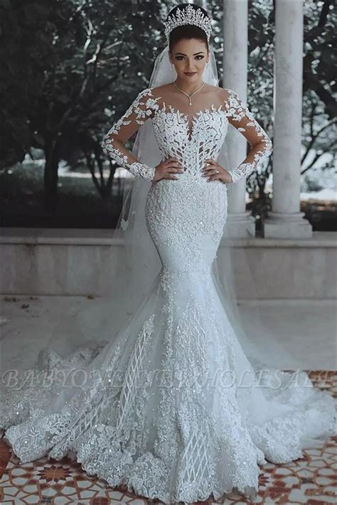 Luxury Beaded Lace Mermaid Wedding Dresses With Sleeves Sheer Tulle