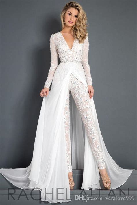 gorgeous lace wedding costes jumpsuit  train  neck long sleeves beaded belt flwy skirt