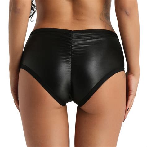 Latex Women Patent Leather Open Crotch Briefs Panties Thongs Underwear