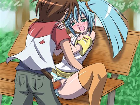 runo misaki and dan kuso having orgy on park bench in a middle of a day
