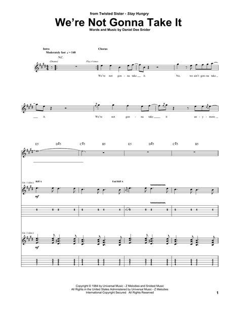 We Re Not Gonna Take It Sheet Music Twisted Sister Guitar Tab