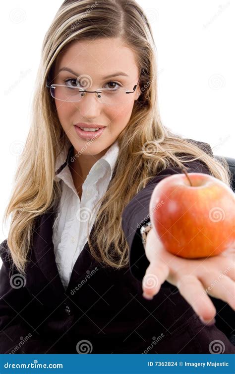 young woman showing apple stock photo image  apple