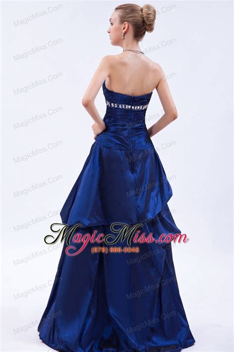 Blue A Line Strapless Floor Length Taffeta Beading And Ruch Prom Dress