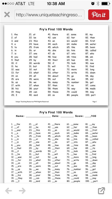 list  frys   words tools  words teaching literacy