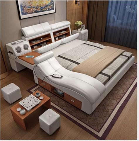 leather bed frame soft beds massager storage safe speaker led light
