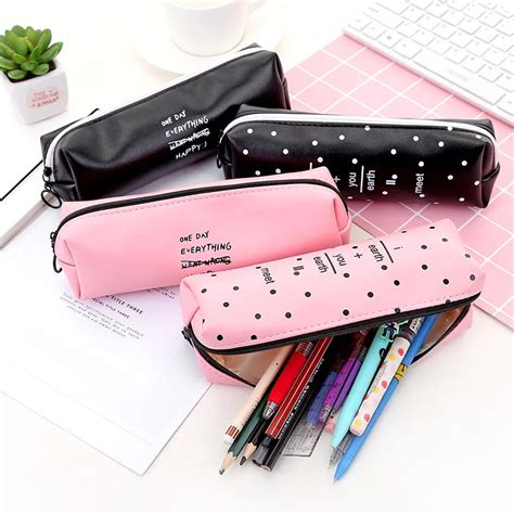Kawaii Creative Pink Black Leather Pencil Case Girls Bag Cute Big Pen