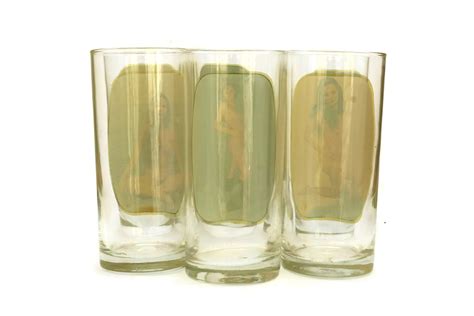 Vintage Pin Up Drinking Glasses Set Of 6 1970s Highball Barware Sexy