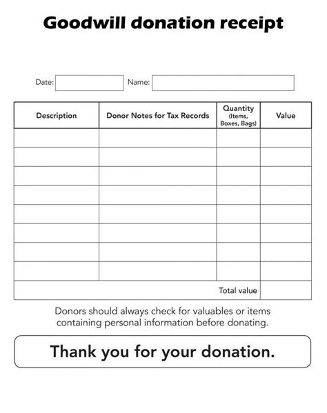 sample printable donation receipt template form