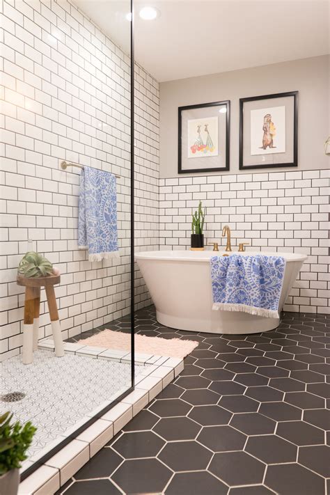 midcentury bathroom black hexagon tile subway tile bath bathroom